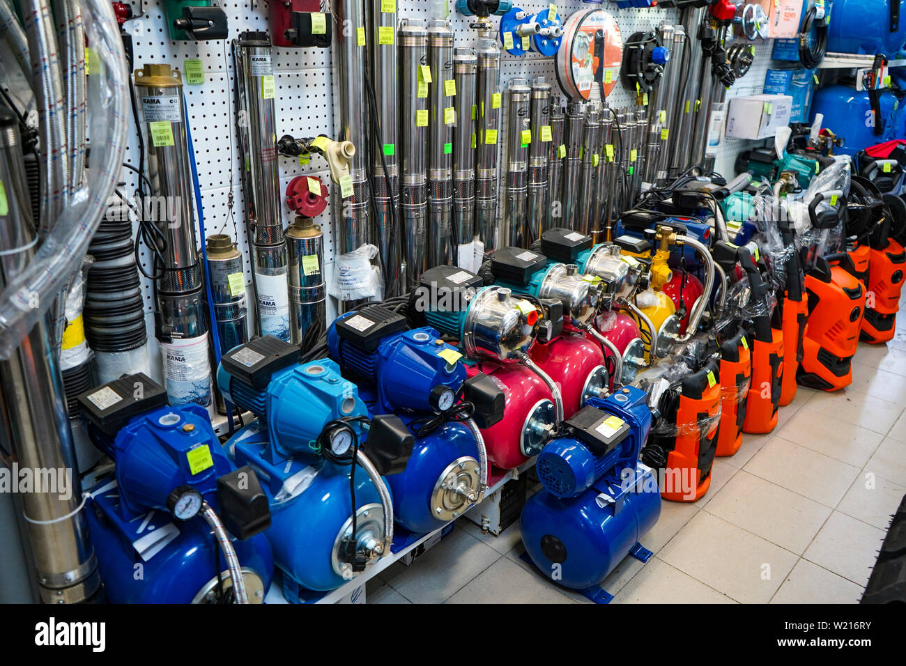 Chelyabinsk Region, Russia - JUNE 2019. Plumbing shop. Rack with goods ...