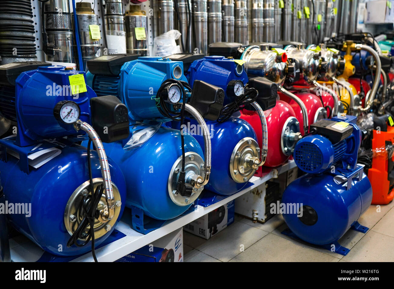 Chelyabinsk Region, Russia - JUNE 2019. Plumbing shop. Rack with goods ...