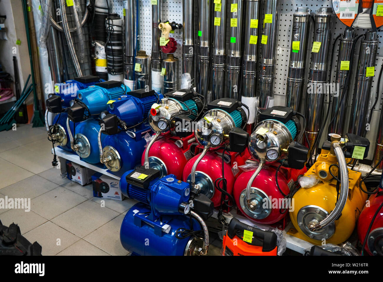 Chelyabinsk Region, Russia - JUNE 2019. Plumbing shop. Rack with goods ...