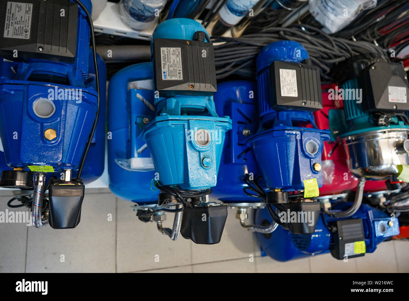 Chelyabinsk Region, Russia - JUNE 2019. Plumbing shop. Rack with goods ...