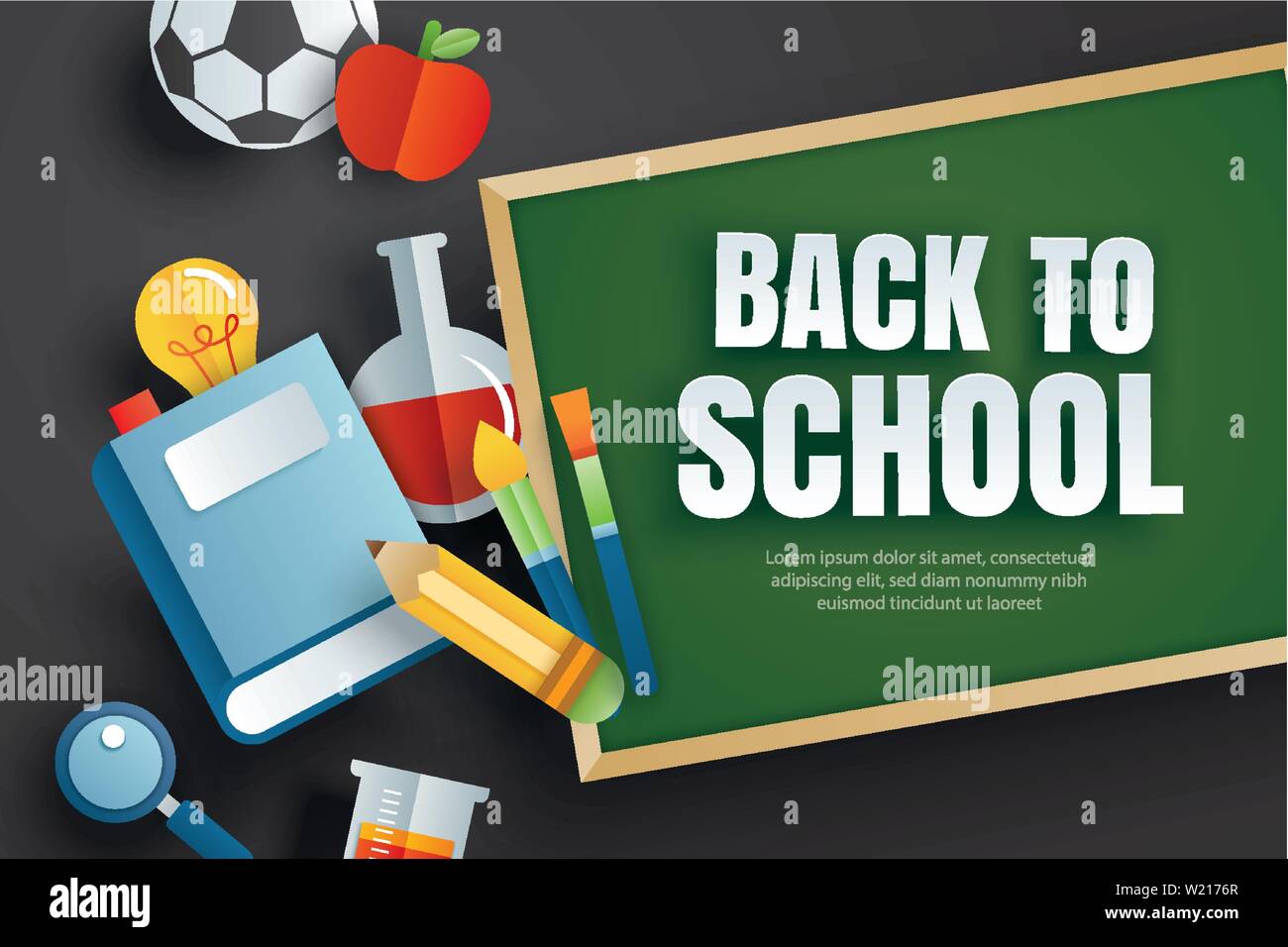 Back to school banner with education items and green chalkboard on ...