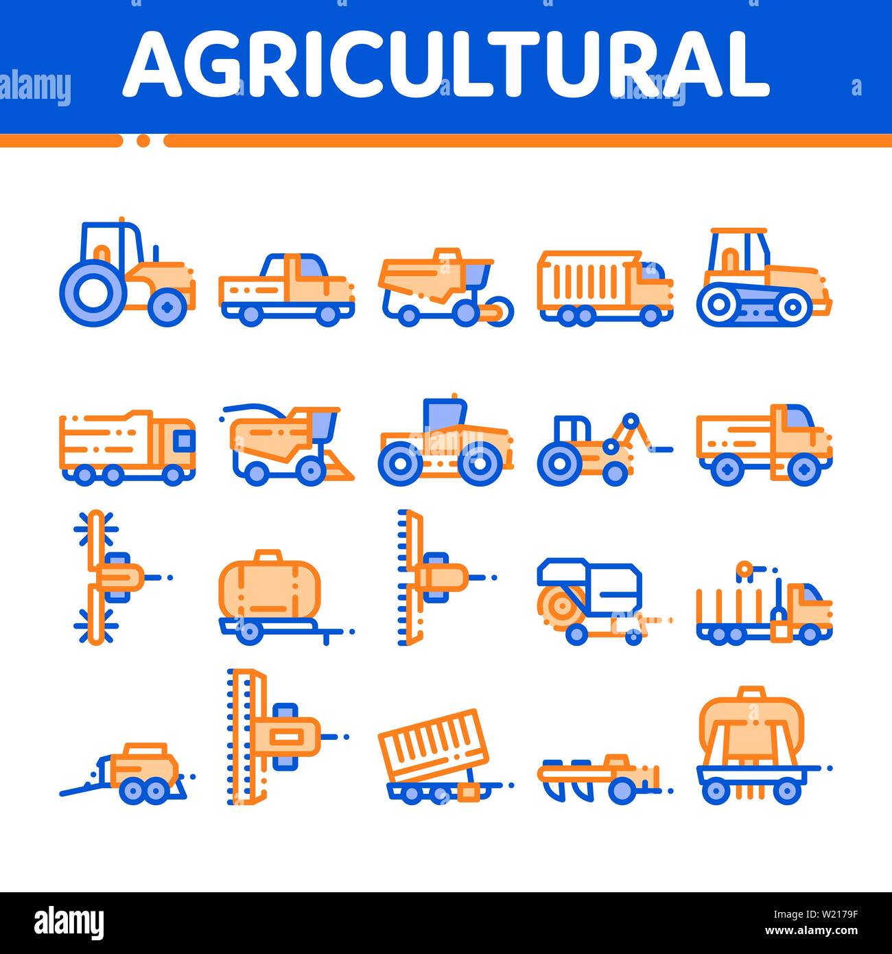 Agricultural Vehicles Vector Thin Line Icons Set Stock Vector