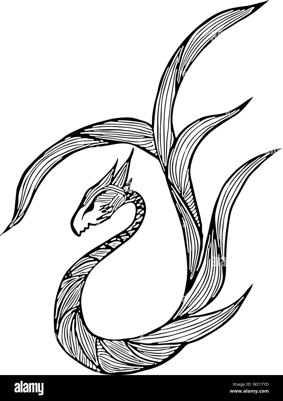 Hand drawn vector dragon illustration. Fantastic dragon icon. Freehand silhouette of mythology aminal. Fantasy outline illustration. Stock Vector