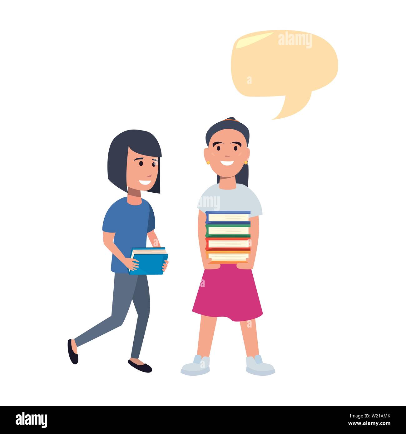 happy girls with books back to school flat design vector illustration ...
