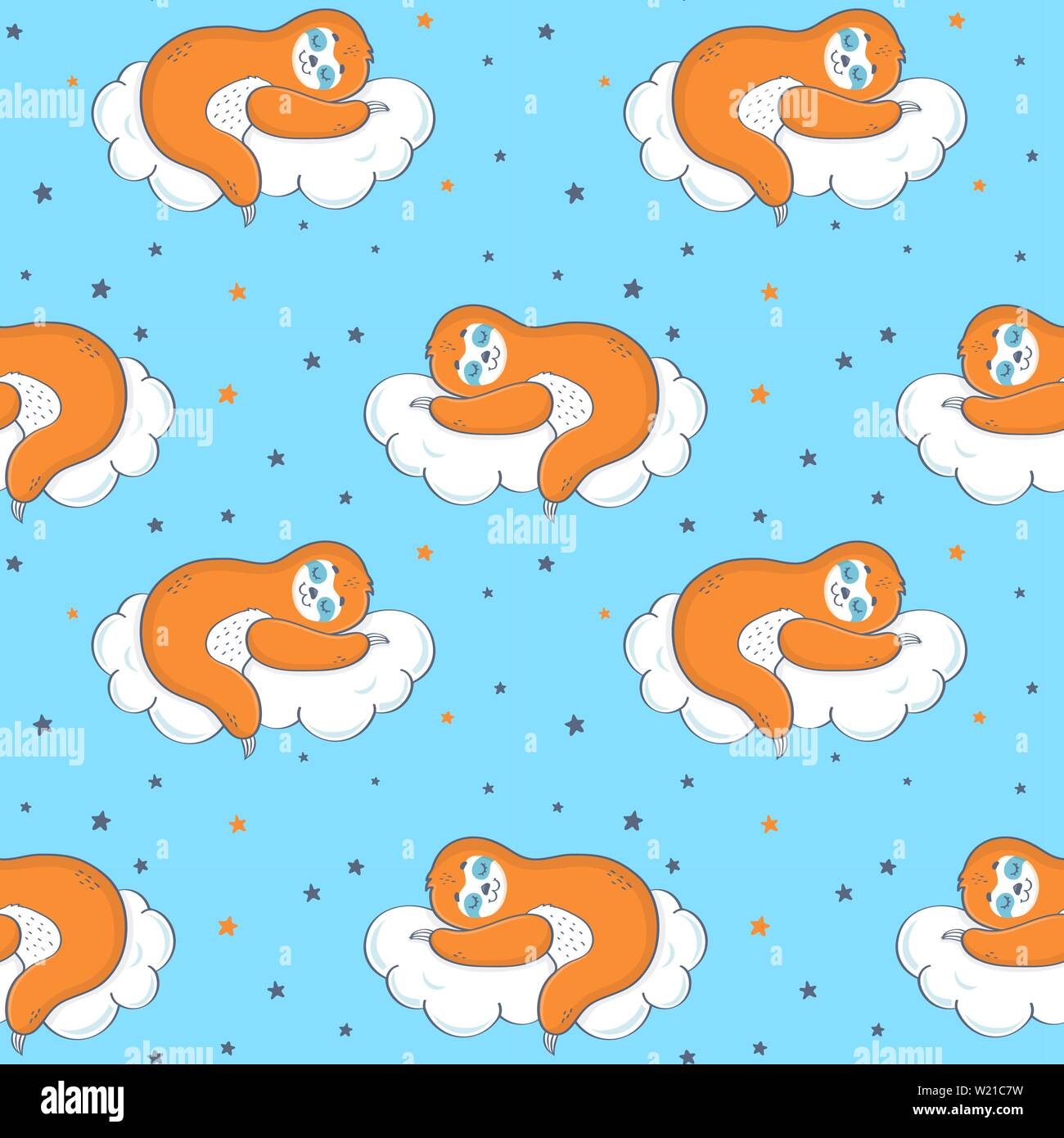 Seamless pattern with sloth sleeping on a cloud. Cute vector background. Stock Vector