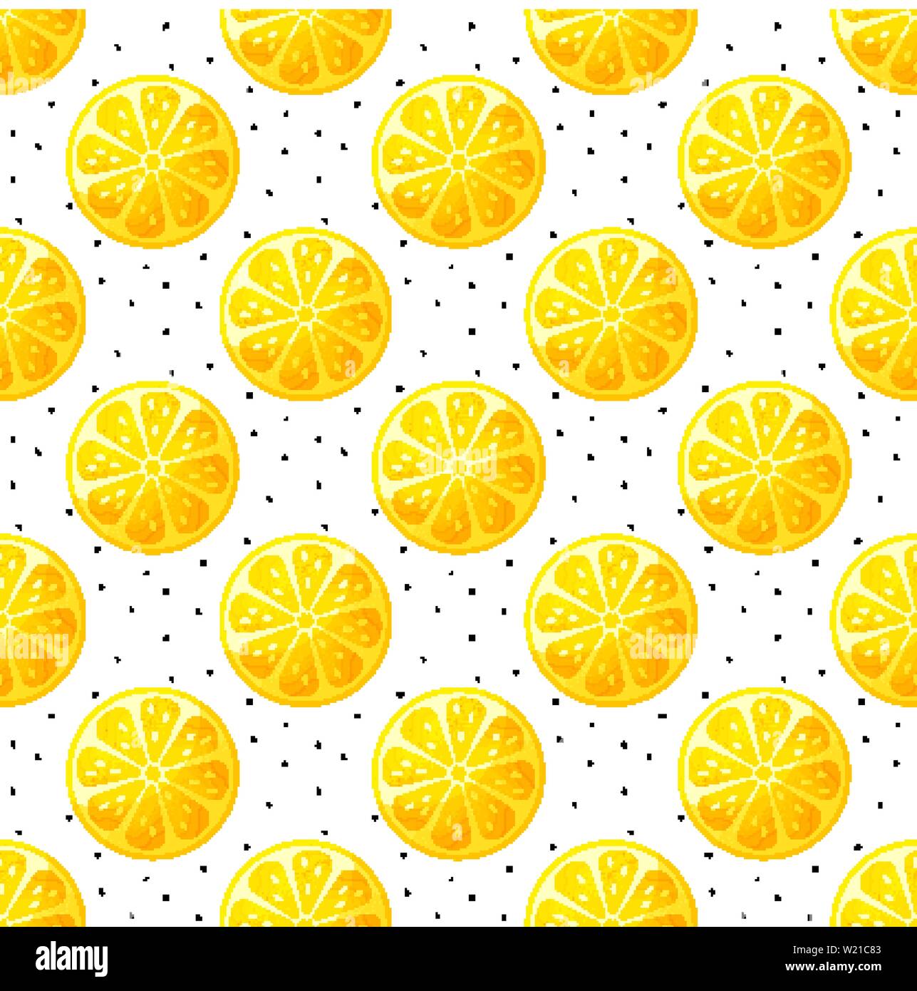 Seamless pattern with lemon slices and hand-drawn dots. Modern vector background with citrus fruit. Stock Vector