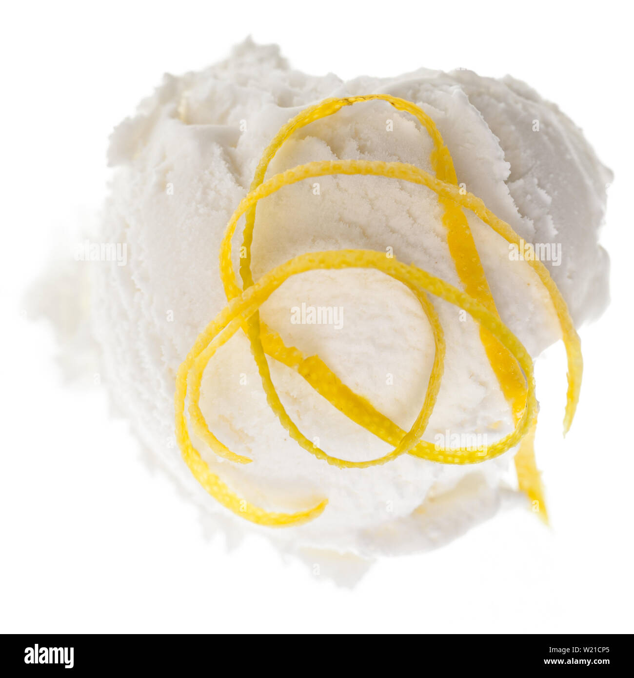 1 single lemon ice cream scoop with decoration from above isolated on white background Stock Photo