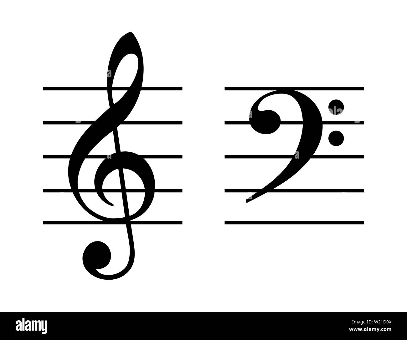 Treble and bass clef on five-line staff. G-clef placed on the second line and F-clef on fourth line of the stave. Two musical symbols. Stock Photo