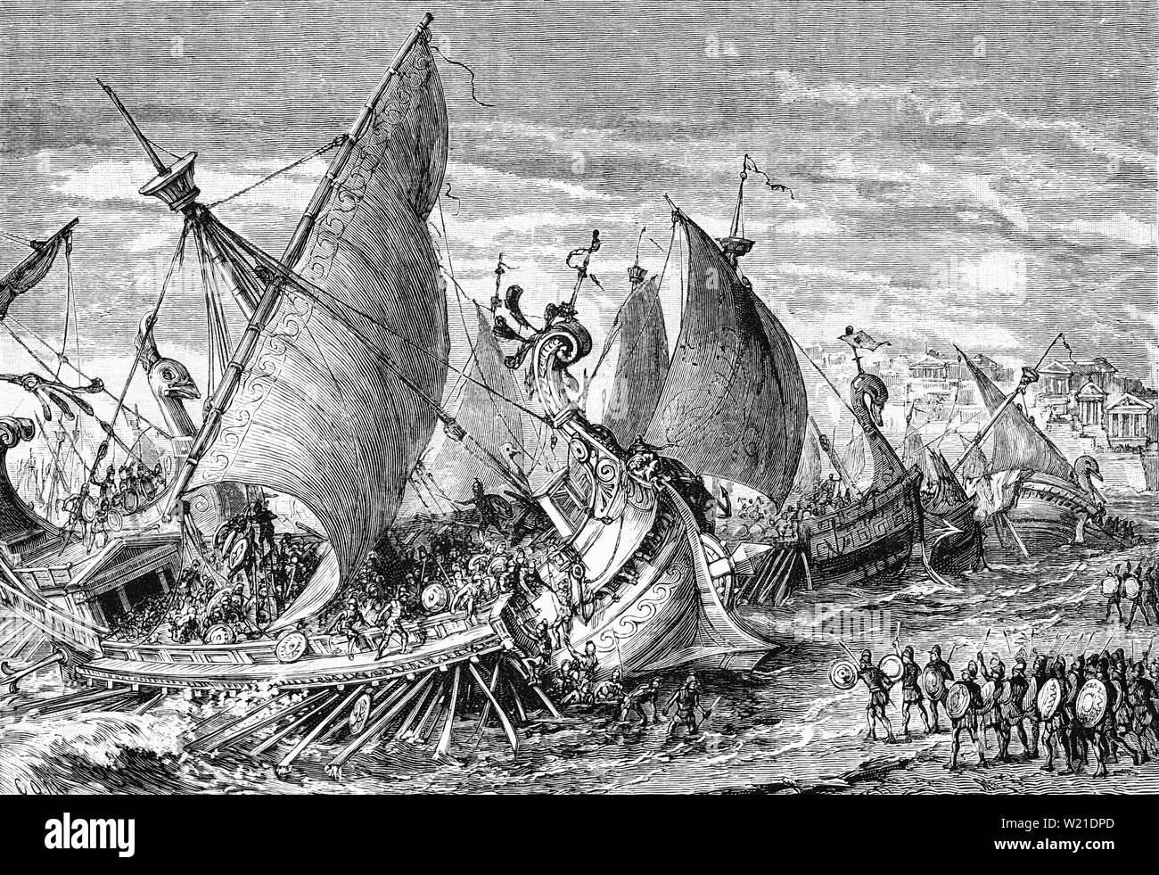 Following the largest single Athenian expedition in the Peloponnesian War, a final sea battle consisting of  many triremes, took place in the Great Harbour at Syracuse in Sicily, part of the Greek Empire (Magna Graecia) in 413 BCe.  The first impetus of the Athenian attack carried them through the Syracusan vessels guarding the boom across the harbour mouth. The Athenians began loosening the chained merchantmen, but other Syracusan warships appeared from all directions and the fighting spread throughout the harbour, from which Syracuse and Sparta Athens and its allies emerged victorious Stock Photo