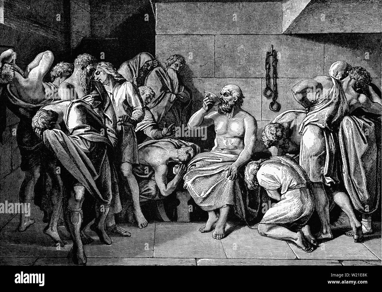 The death of Socrates (470 – 399 BCE), the classical Greek (Athenian) philosopher credited as one of the founders of Western philosophy, and the first moral philosopher of the Western ethical tradition of thought. An enigmatic figure, he made no writings, and is known chiefly through the accounts of his students Plato and Xenophon.  In 399 BC, Socrates went on trial and was subsequently found guilty of both corrupting the minds of the youth of Athens and of impiety (not believing in the gods of the state). He was sentenced to death by drinking poison hemlock. Stock Photo