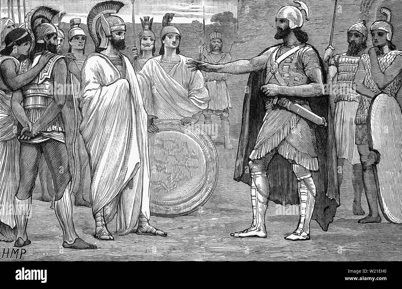 A meeting of Agesilaus and Pharnabazus.  After victory in the Peloponnesian War, Agesilaus II (443 – 360 BCE), became king of the Greek city-state of Sparta  ruling from 398 to about 360 BC, during which time he was  commander and king of all Greece and became a threat for the Achaemenid Empire. Pharnabazus, a Persian soldier and statesman, and Satrap of Hellespontine Phrygia was involved in trying to stop defeated Greeks from entering and plundering Hellespontine Phrygia as they were returning from their failed campaign in the center of the Achaemenid Empire. Stock Photo
