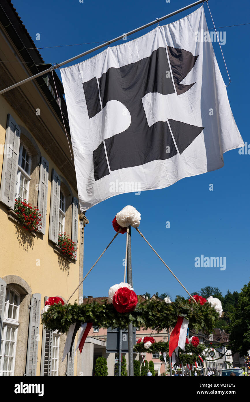 House of government of brugg on holiday, with flag and decorations for Jugendfest Stock Photo