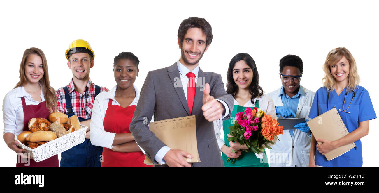Successful turkish business trainee with group of latin and african apprentices on an isolated white background for cut out Stock Photo