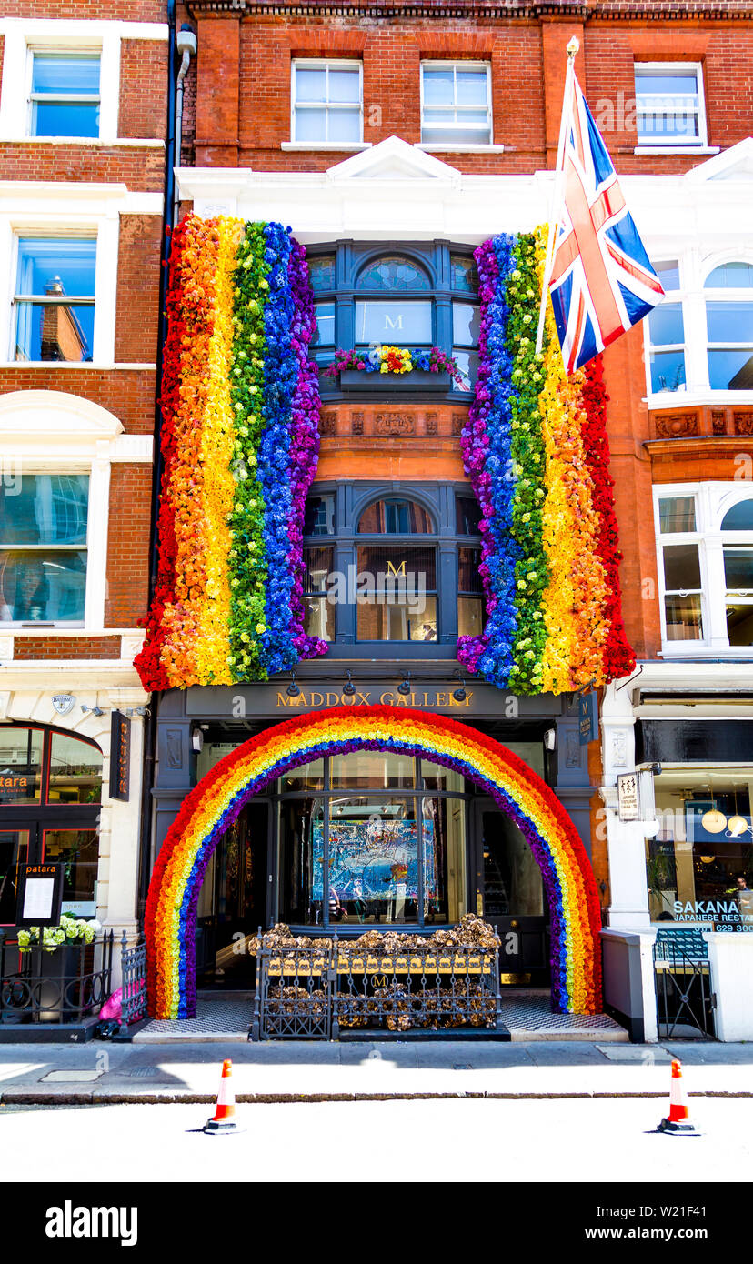 The facade of Maddox Gallery dressed up in rainbow colours to celebrate Pride 2019, London, UK Stock Photo