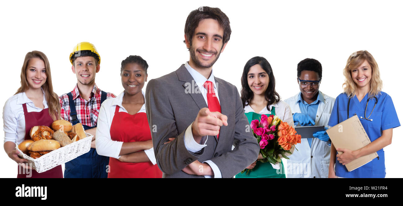 Handsome turkish business trainee with group of latin and african apprentices on an isolated white background for cut out Stock Photo
