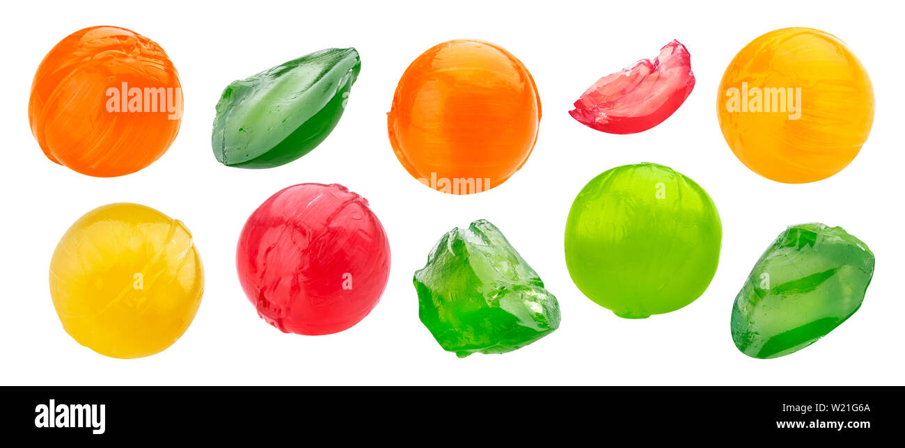 Multicolor sweet lollipop whole and bitten pieces set Stock Photo