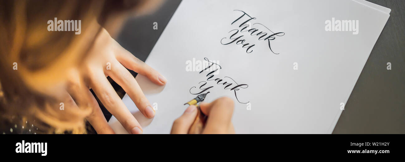 Banner Long Format Thank You Calligrapher Young Woman Writes
