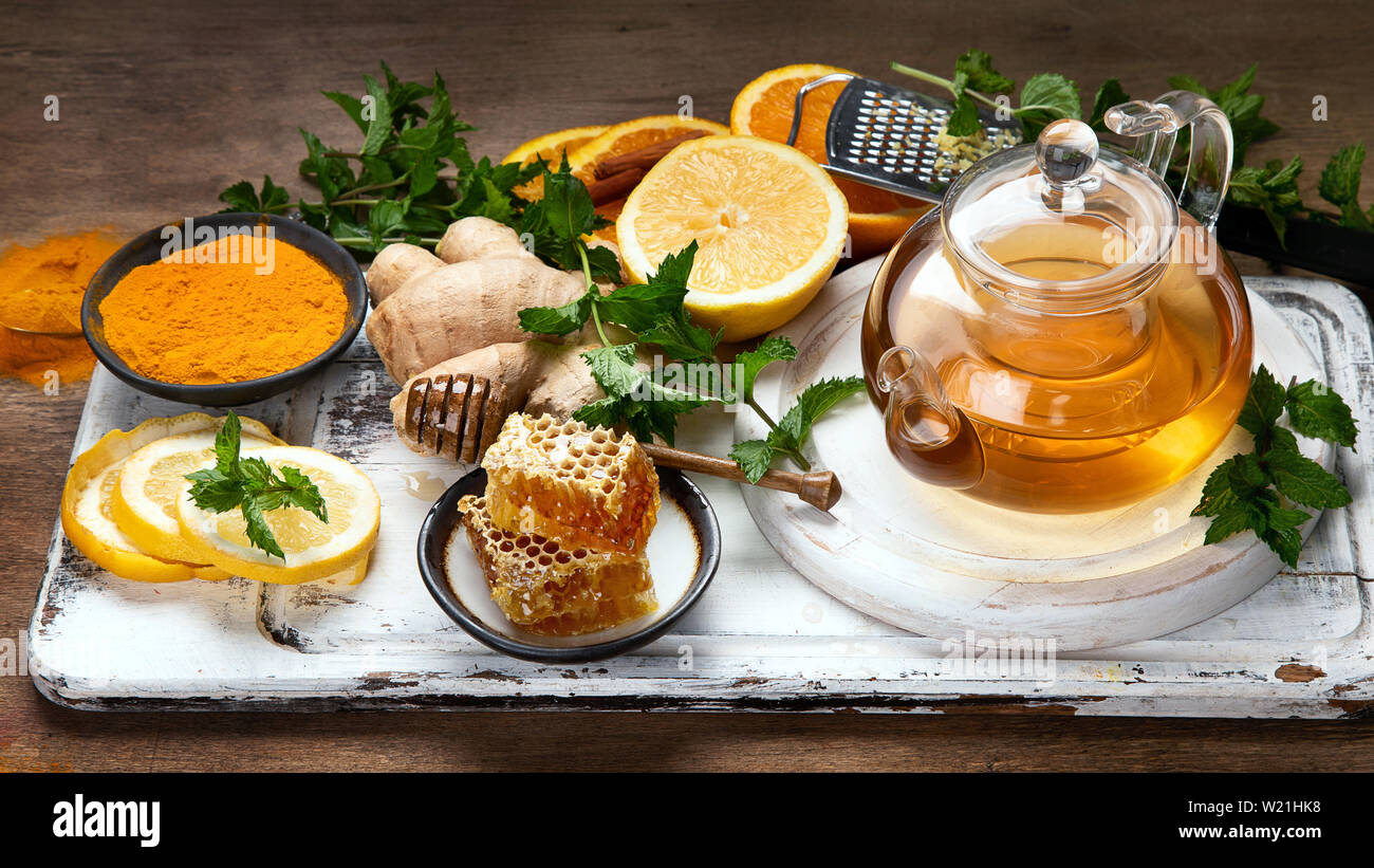 Healthy food immune boosting selection. Cold and flu remedy relief. High in antioxidants, minerals and vitamins. Stock Photo