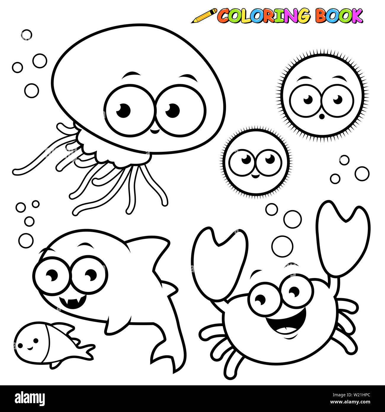 Black and white outline illustrations of sea animals. Coloring book page. Stock Photo
