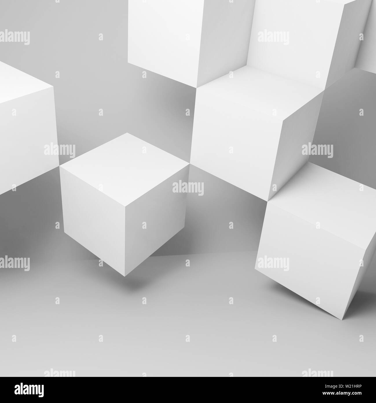 Abstract background with white cubes installation in empty room. 3d ...