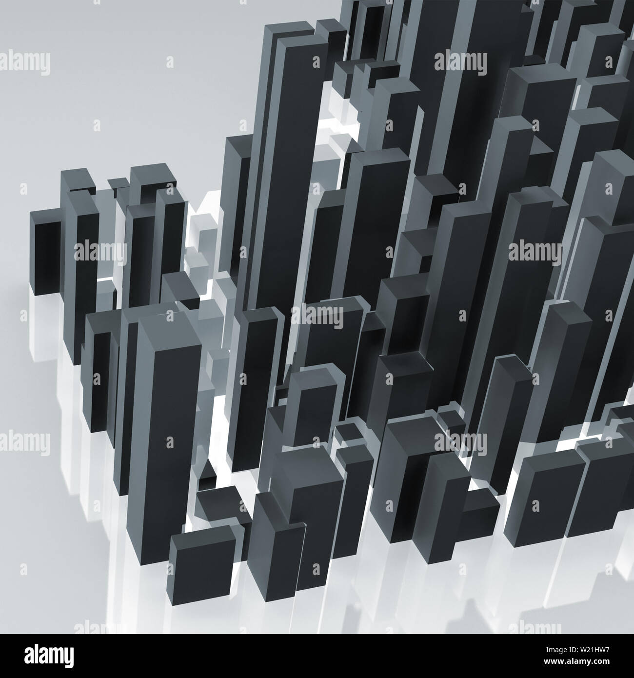 Abstract dark city block. Digital model with black primitive geometric skyscrapers, 3d rendering illustration Stock Photo