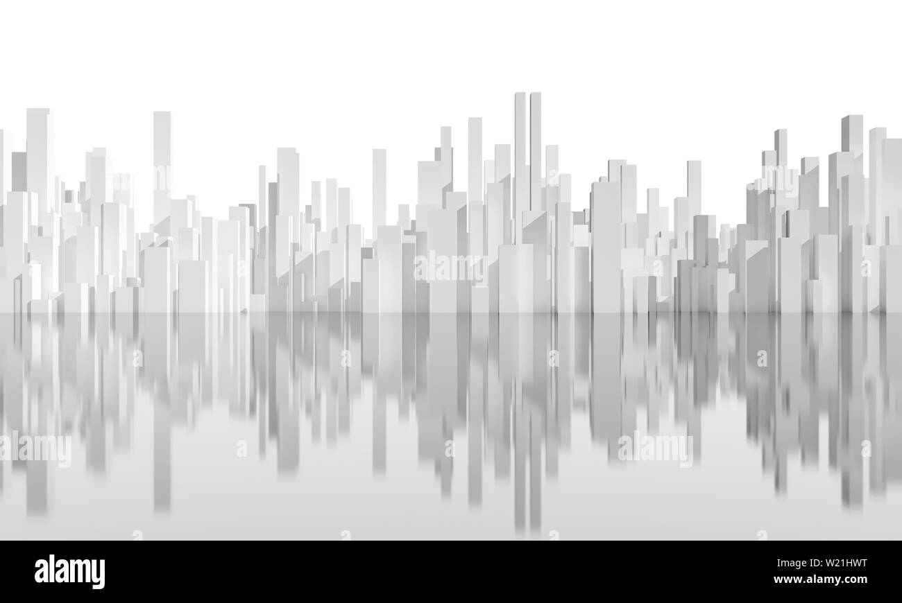 Abstract white city skyline on shiny gray ground isolated on white background. Digital model with geometric tall skyscrapers, 3d rendering illustratio Stock Photo