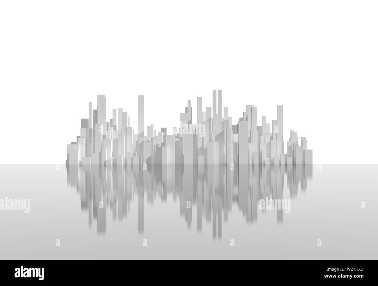 Abstract white city, urban island on shiny gray surface isolated on white background. Digital model with geometric tall skyscrapers, 3d rendering illu Stock Photo