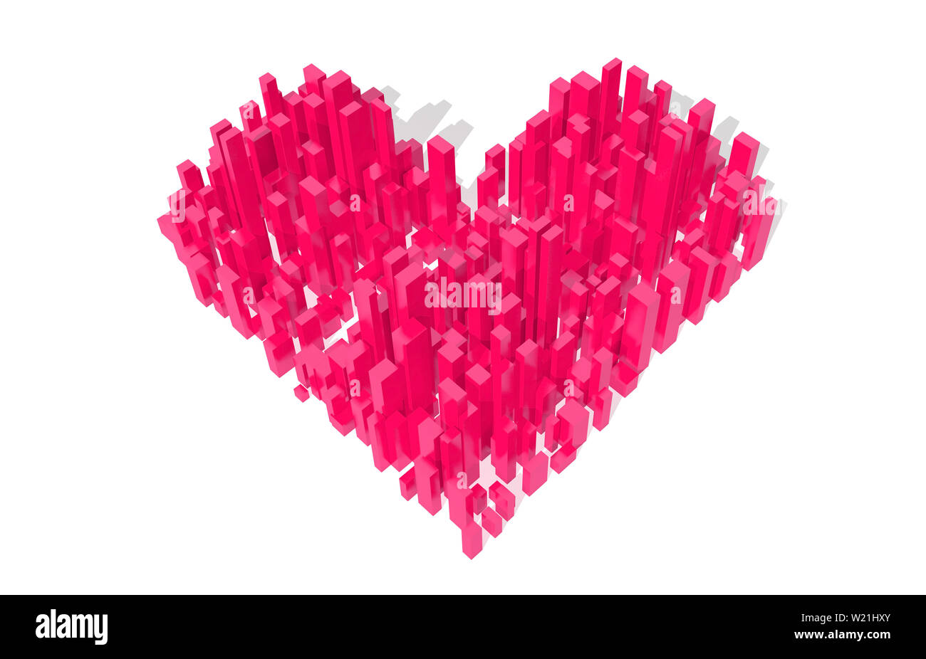 Pink abstract heart shaped city block, aerial view with strong shadows isolated on white background. Digital model with geometric skyscrapers, 3d rend Stock Photo