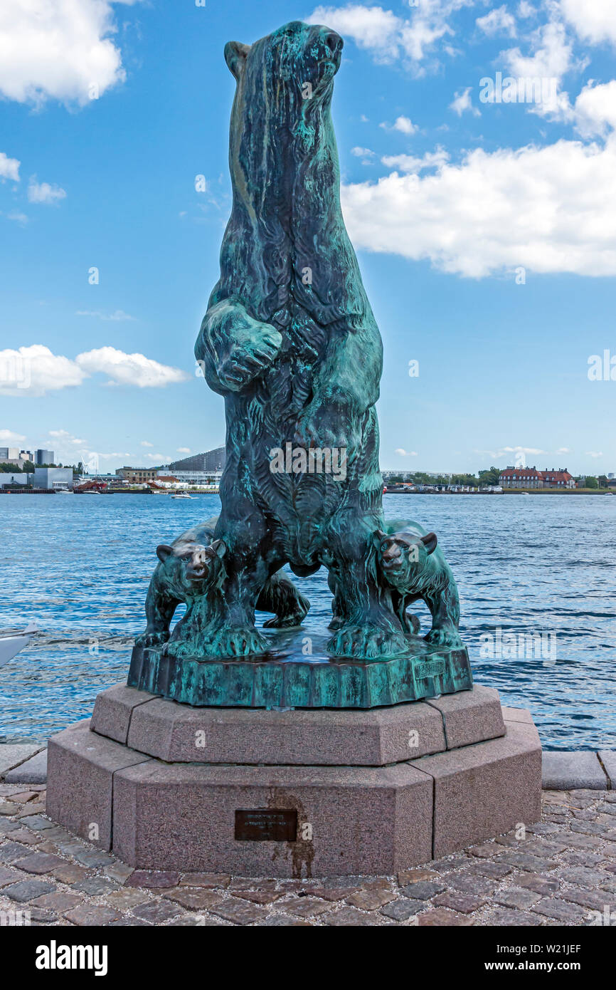 Statue with polar bear with cubs at Langelinie Copenhagen harbour Copenhagen Denmark Europe Stock Photo