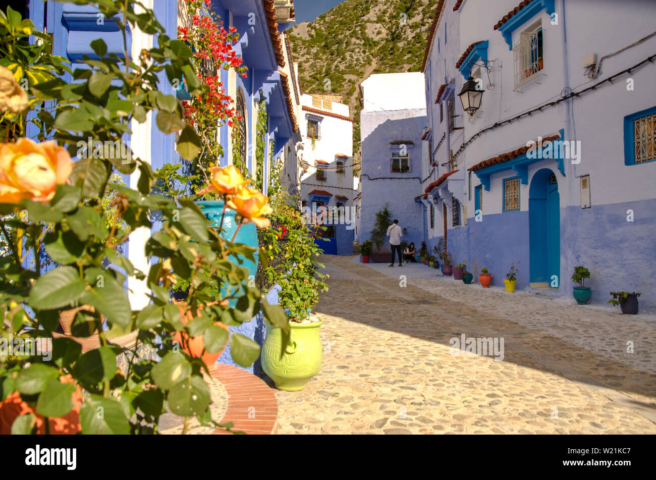 Beautiful view of the square in the blue city of Chefchaouen. Location: Chefchaouen, Morocco, Africa. Artistic picture. Beauty world Stock Photo
