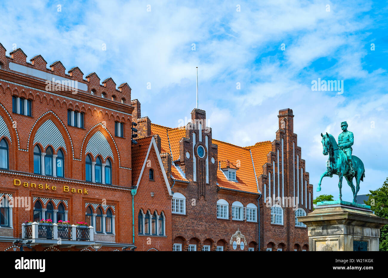 Esbjerg, Denmark - July 26, 2017:  Jutland peninsula,  ancient palaces in Torvet square with the equestrian statue of  Christian IX Stock Photo