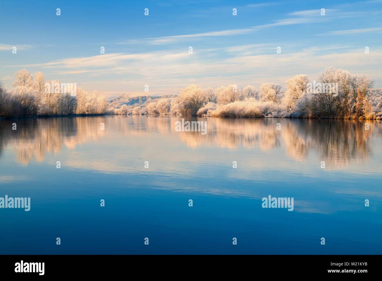 River landscape in winter at the river Saale, trees with frost and snow at the bank in the morning light, water reflection, Lower Saale Valley nature Stock Photo