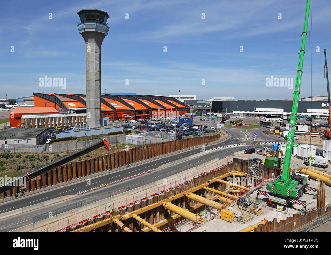 London Luton Airport, central area showing Easyjet Head Office, control tower and excavation for the new DART rail link - due to open in 2021. Stock Photo