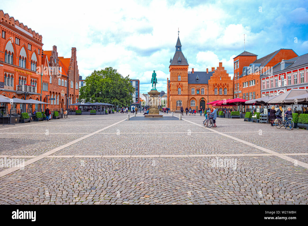 Esbjerg, Denmark - July 27, 2017:  Jutland peninsula,  ancient palaces  in Torvet square with the equestrian statue of  Christian IX Stock Photo