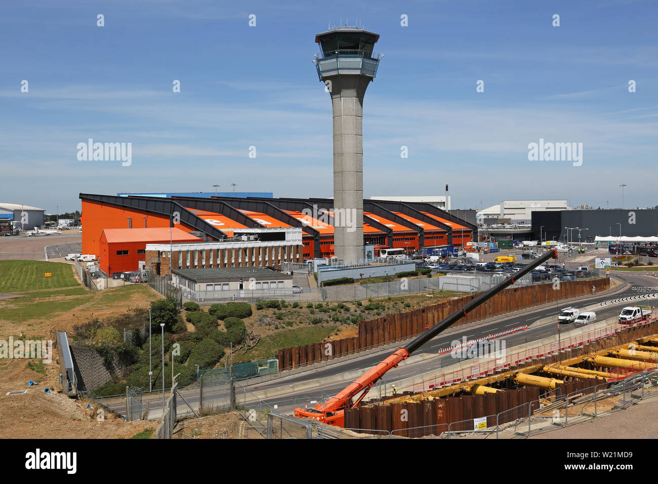 London Luton Airport, central area showing Easyjet Head Office, control tower and excavation for the new DART rail link - due to open in 2021. Stock Photo