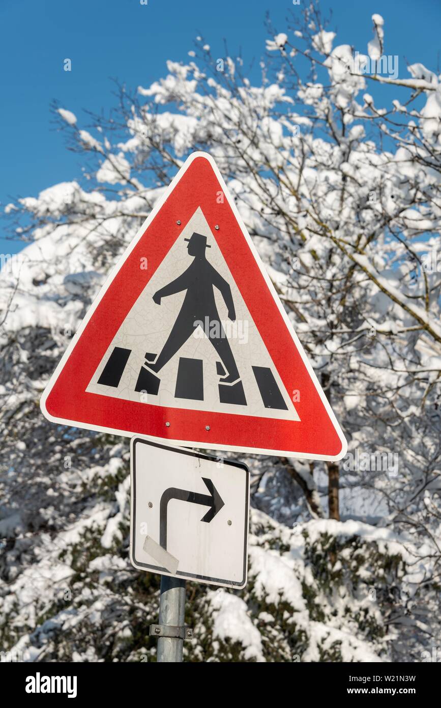 Pedestrian sign on a zebra crossing, Munich, Upper Bavaria, Bavaria, Germany Stock Photo
