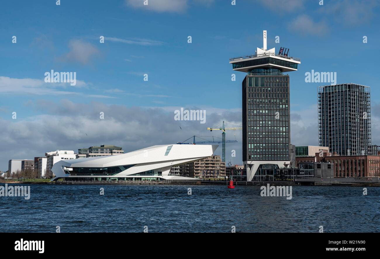 Building of the modern cultural centre EYE Filmmuseum with the A'DAM Tower and viewing platform, Amsterdam, North Holland, Netherlands Stock Photo