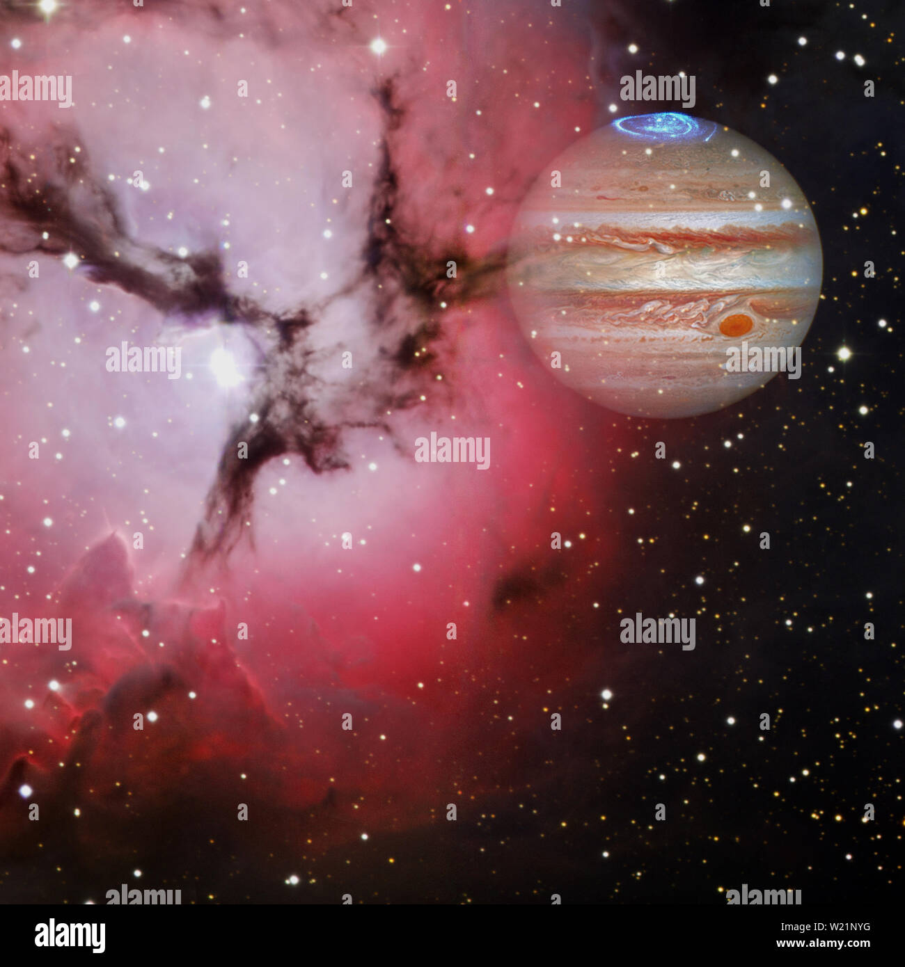 Planet Jupiter in the colorful starry universe. Elements of this image furnished by NASA. Stock Photo