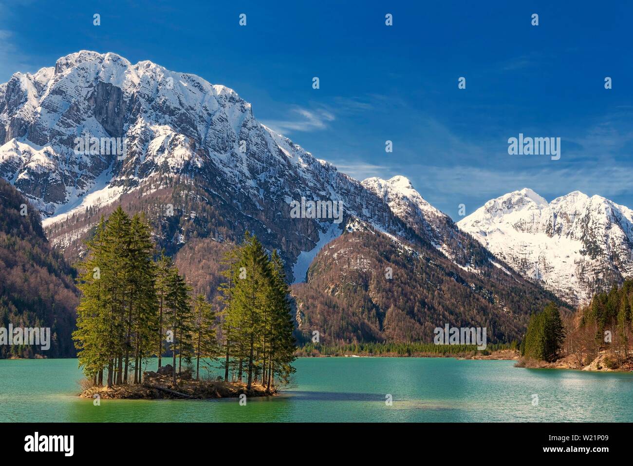 Lake Raibl with small tree island, snow-capped mountains at the back, Julian Alps, Upper Ukraine, Slovenia Stock Photo