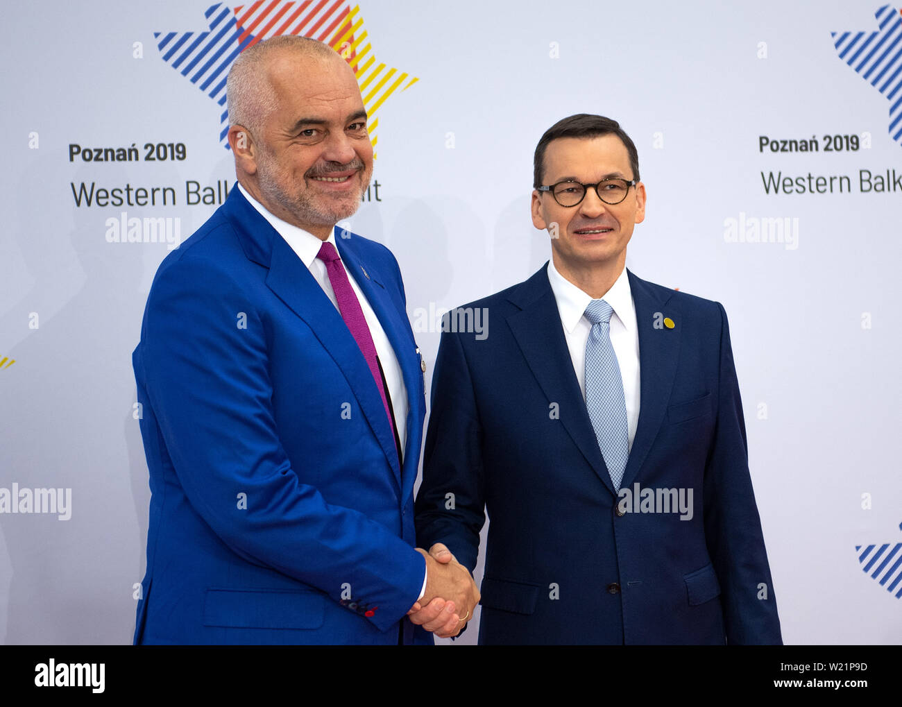Poznan, Poland. 05th July, 2019. Edi Rama (l), Prime Minister of Albania, is welcomed by Mateusz Morawiecki, Prime Minister of Poland, on his arrival at the Western Balkans Summit. The aim of the Summit is to assist the Balkan countries on their way to possible future membership of the European Union. Credit: Monika Skolimowska/dpa-Zentralbild/dpa/Alamy Live News Stock Photo