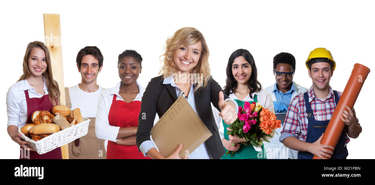 Modern female business trainee with group of other international apprentices on an isolated white background for cut out Stock Photo