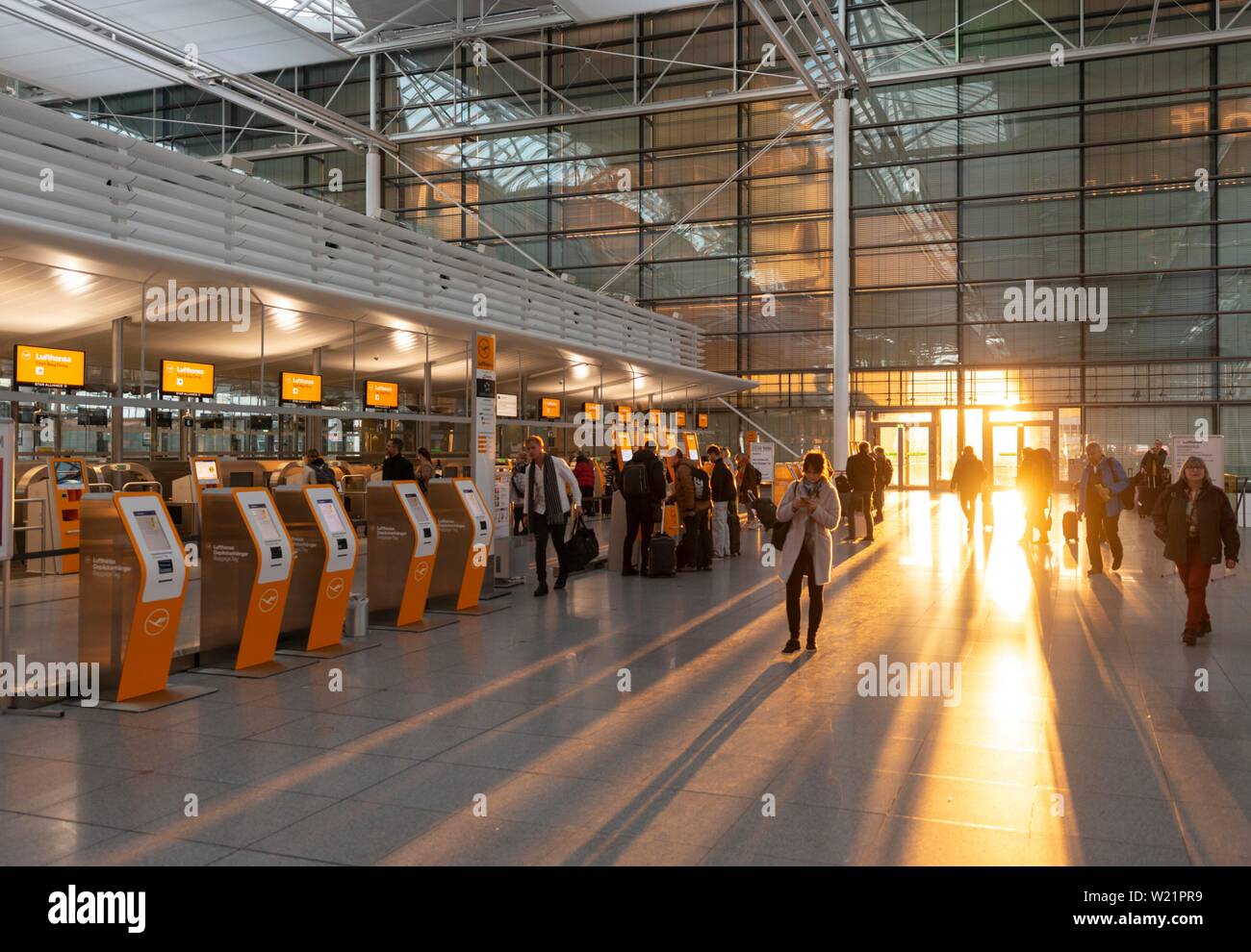 Terminal 2, counter with check-in and baggage claim, Munich Airport, Munich, Bavaria, Germany Stock Photo