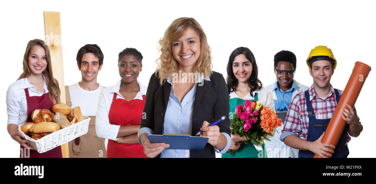Laughing female business trainee with group of other international apprentices on an isolated white background for cut out Stock Photo