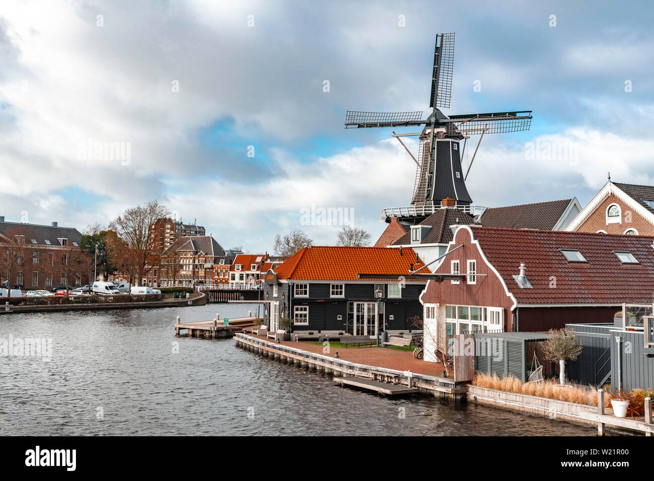 De Adriaan windmill on the river Spaarne, Haarlem, North Holland, The Netherlands Stock Photo