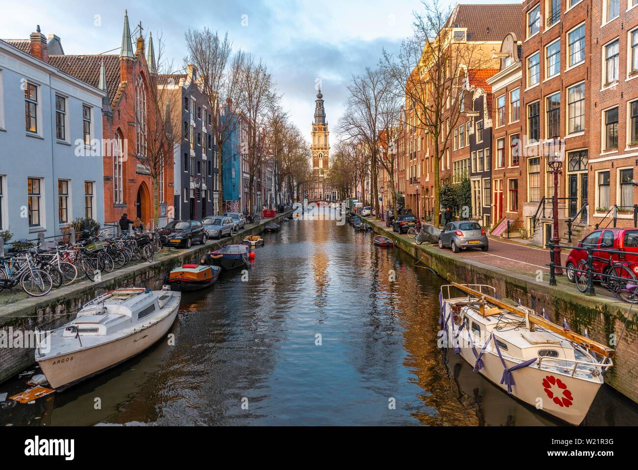 Zuiderkerk, church, canal with boats, Groenburgwal, Amsterdam, Holland, Netherlands Stock Photo