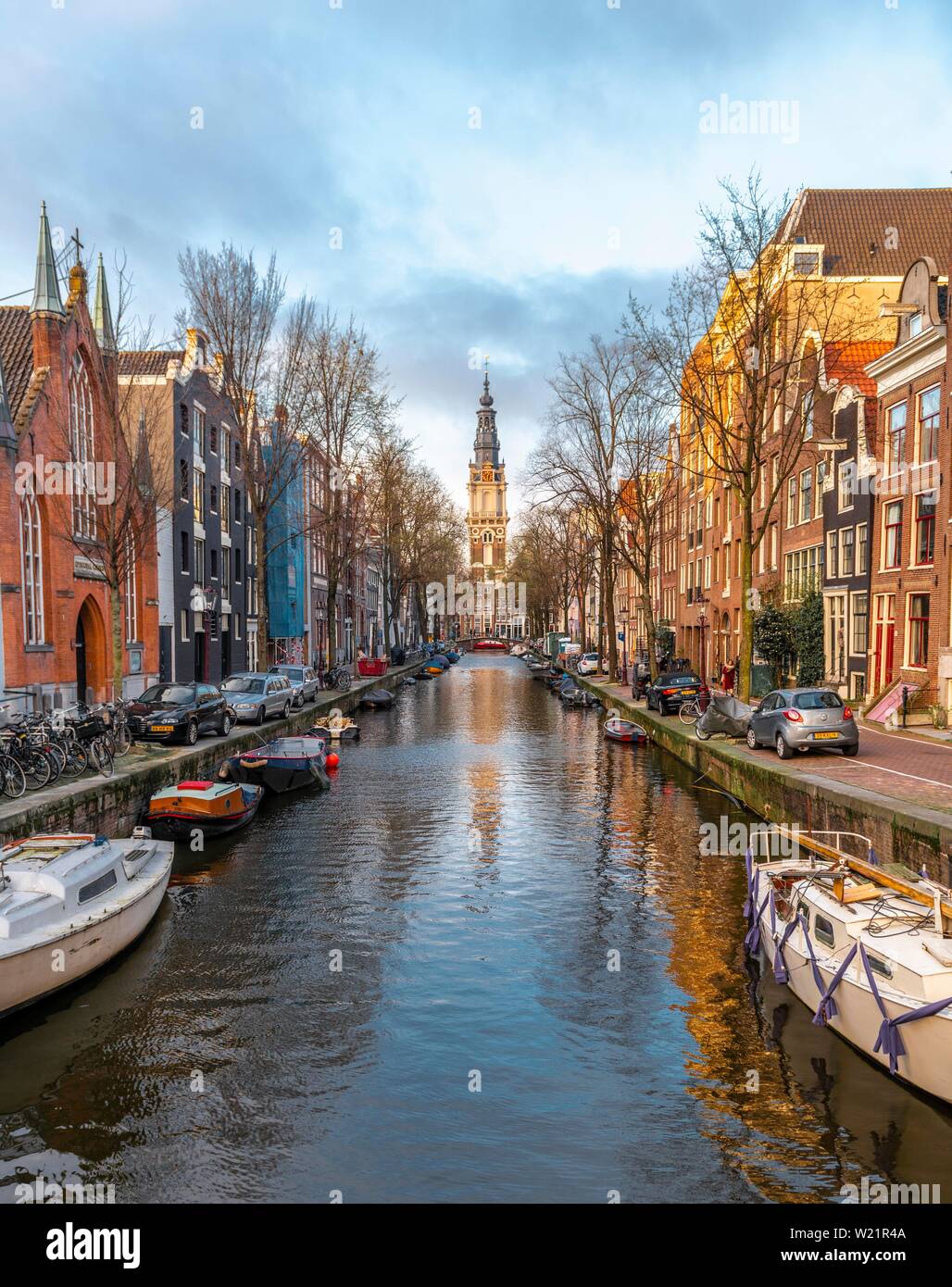 Zuiderkerk, church, canal with boats, Groenburgwal, Amsterdam, Holland, Netherlands Stock Photo