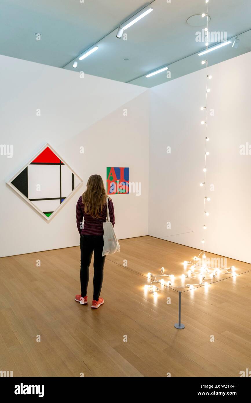 Visitor looks at modern paintings, exhibition space at Stedelijk Museum