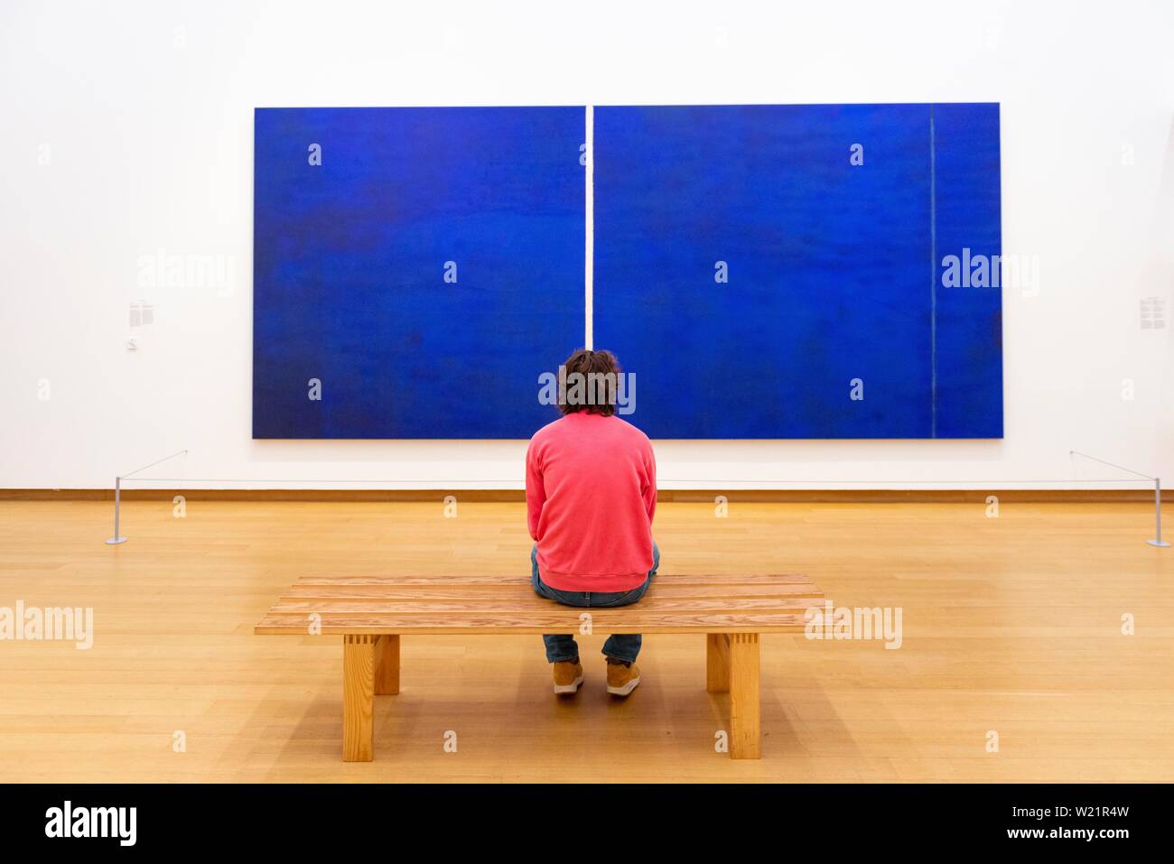 Visitor looks at modern painting, exhibition space at Stedelijk Museum of Modern Art, Amsterdam
