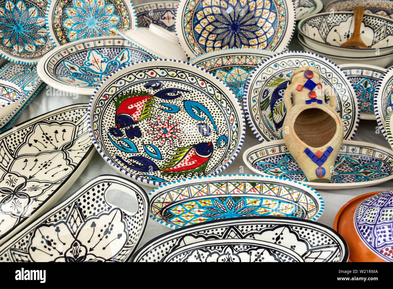 Decorative ceramic tableware, Mediterranean crafts Stock Photo