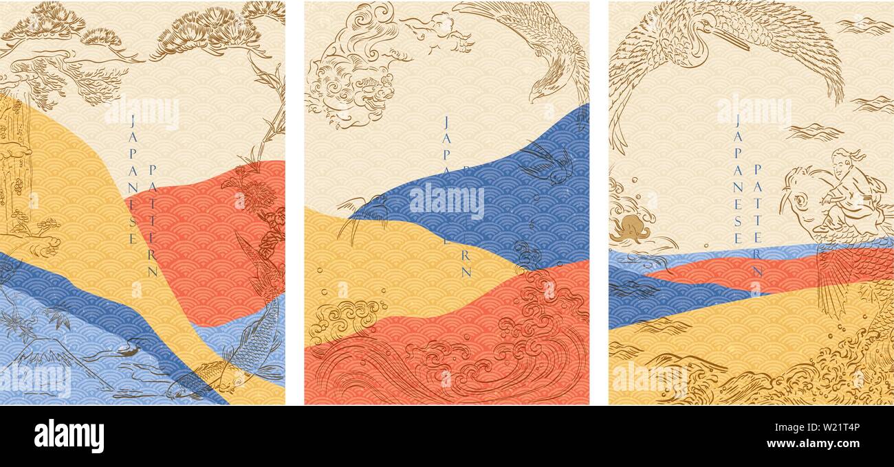 Hand drawn line with Japanese pattern vector. Japanese template with geometric background Stock